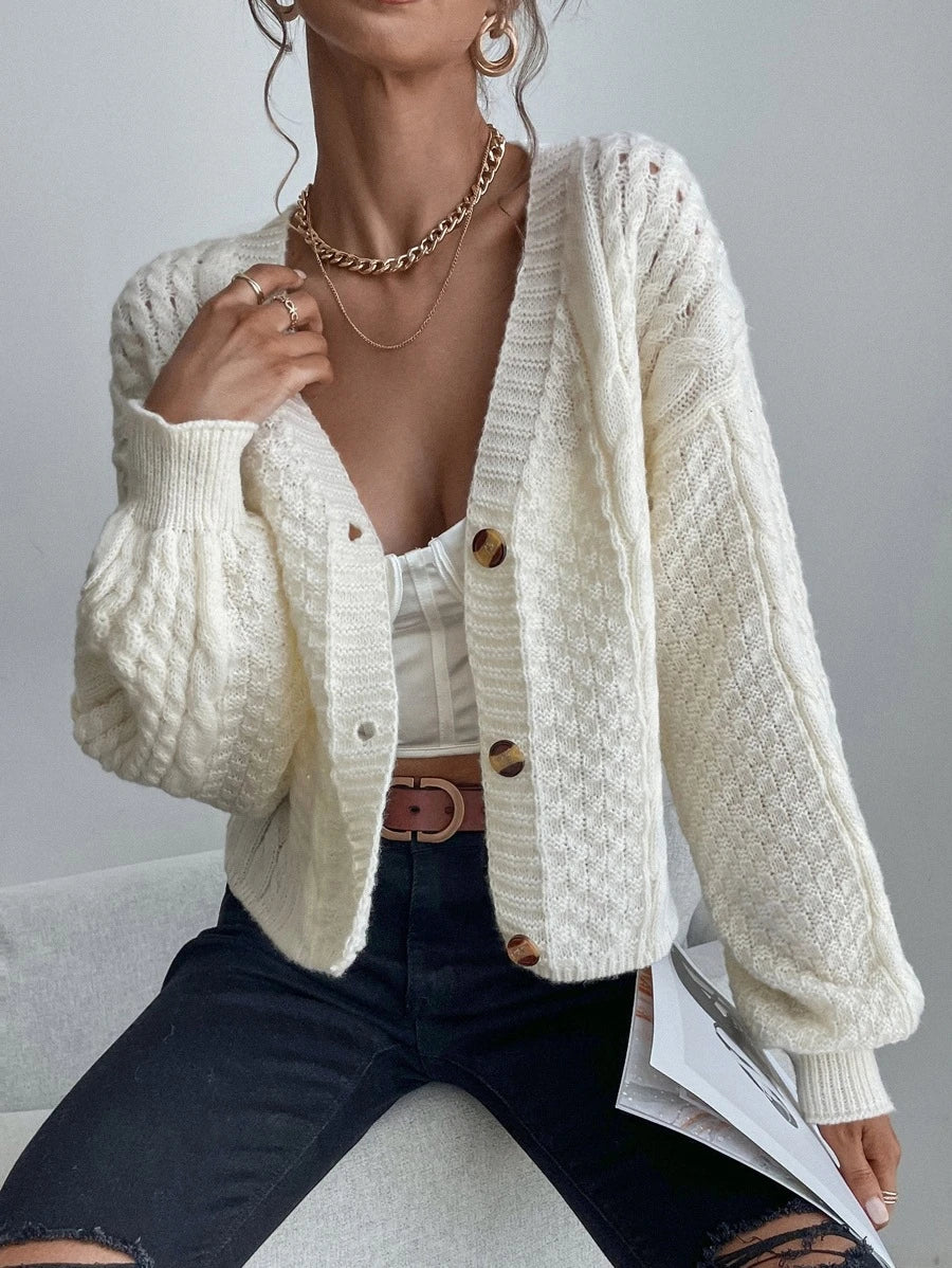 Romilly Cropped Cable Knit Cardigan with Button Front - Cream