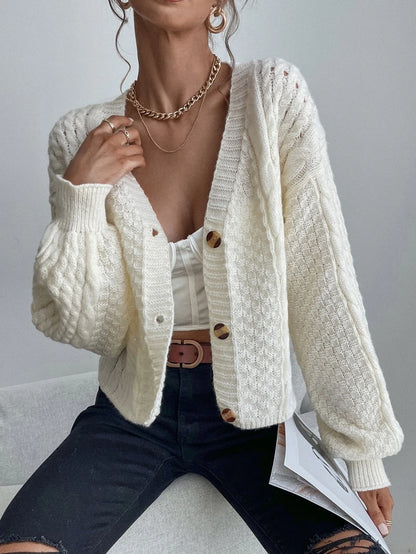 Romilly Cropped Cable Knit Cardigan with Button Front - Cream
