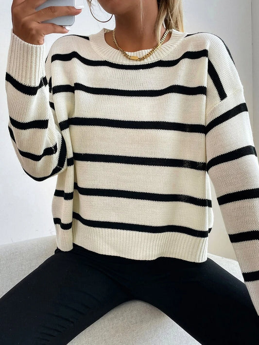 Audrey Striped Drop Shoulder Pullover Sweater - White