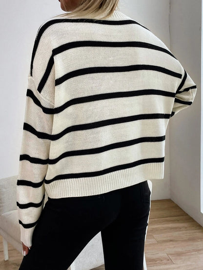 Audrey Striped Drop Shoulder Pullover Sweater - Grey