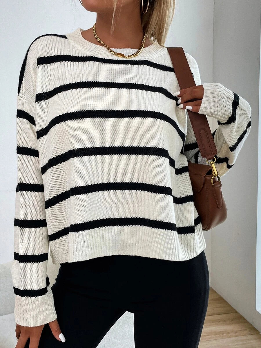 Audrey Striped Drop Shoulder Pullover Sweater - Khaki