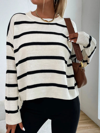 Audrey Striped Drop Shoulder Pullover Sweater - Khaki