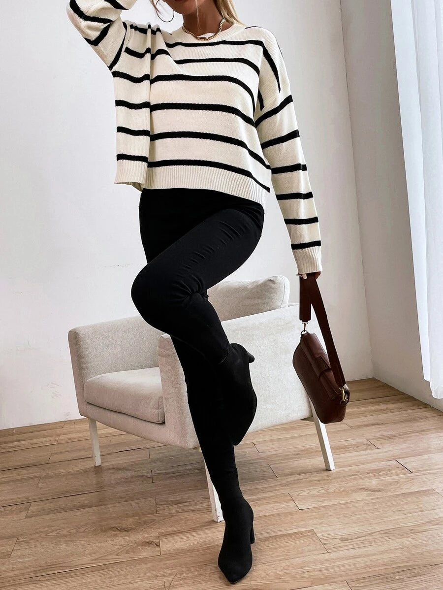 Audrey Striped Drop Shoulder Pullover Sweater - Apricot