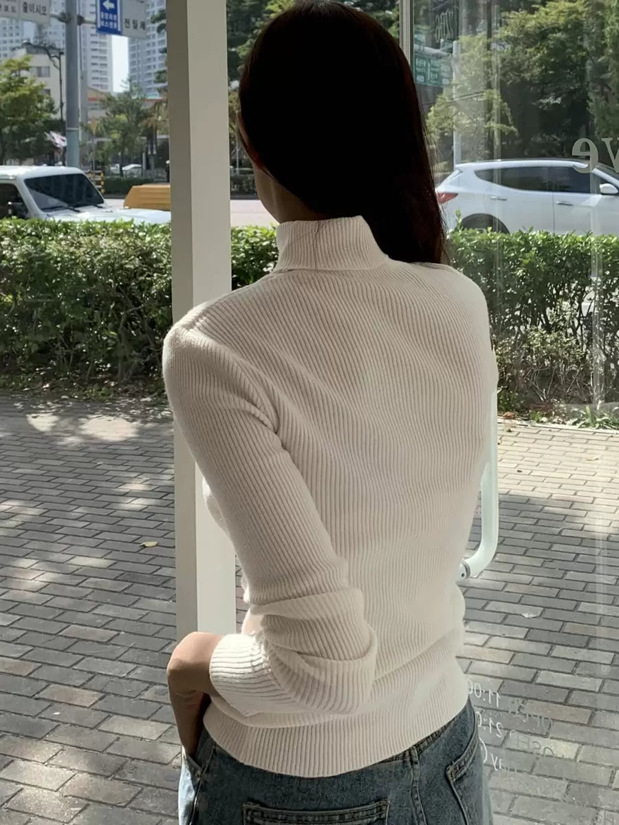 Tamsin Fitted Ribbed Turtleneck Sweater Long Sleeve Pullover - Cream