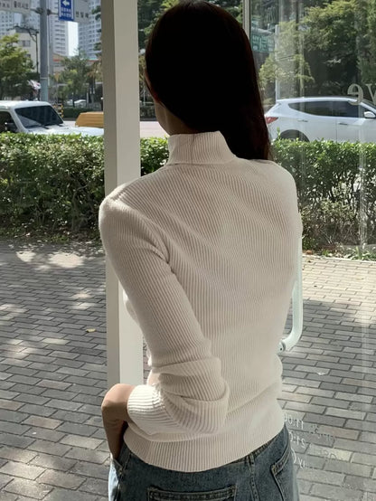 Tamsin Fitted Ribbed Turtleneck Sweater Long Sleeve Pullover - Cream
