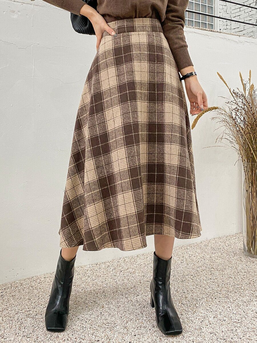 Stirling High Waist Plaid A Line Midi Skirt - Brown Plaid