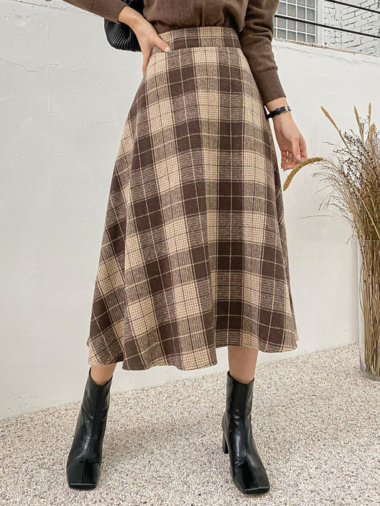 Stirling High Waist Plaid A Line Midi Skirt - Brown Plaid
