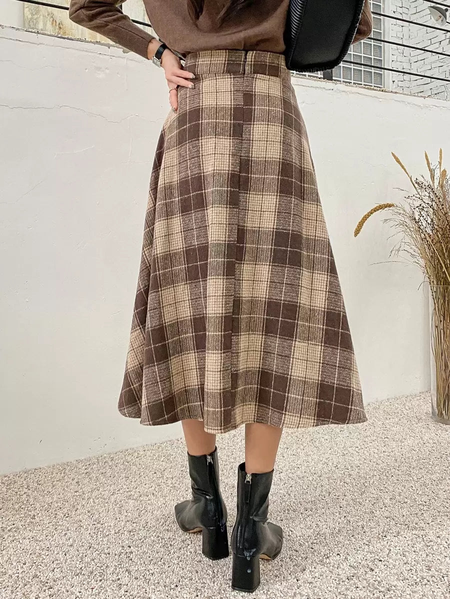 Stirling High Waist Plaid A Line Midi Skirt