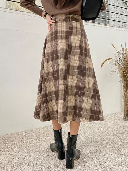 Stirling High Waist Plaid A Line Midi Skirt