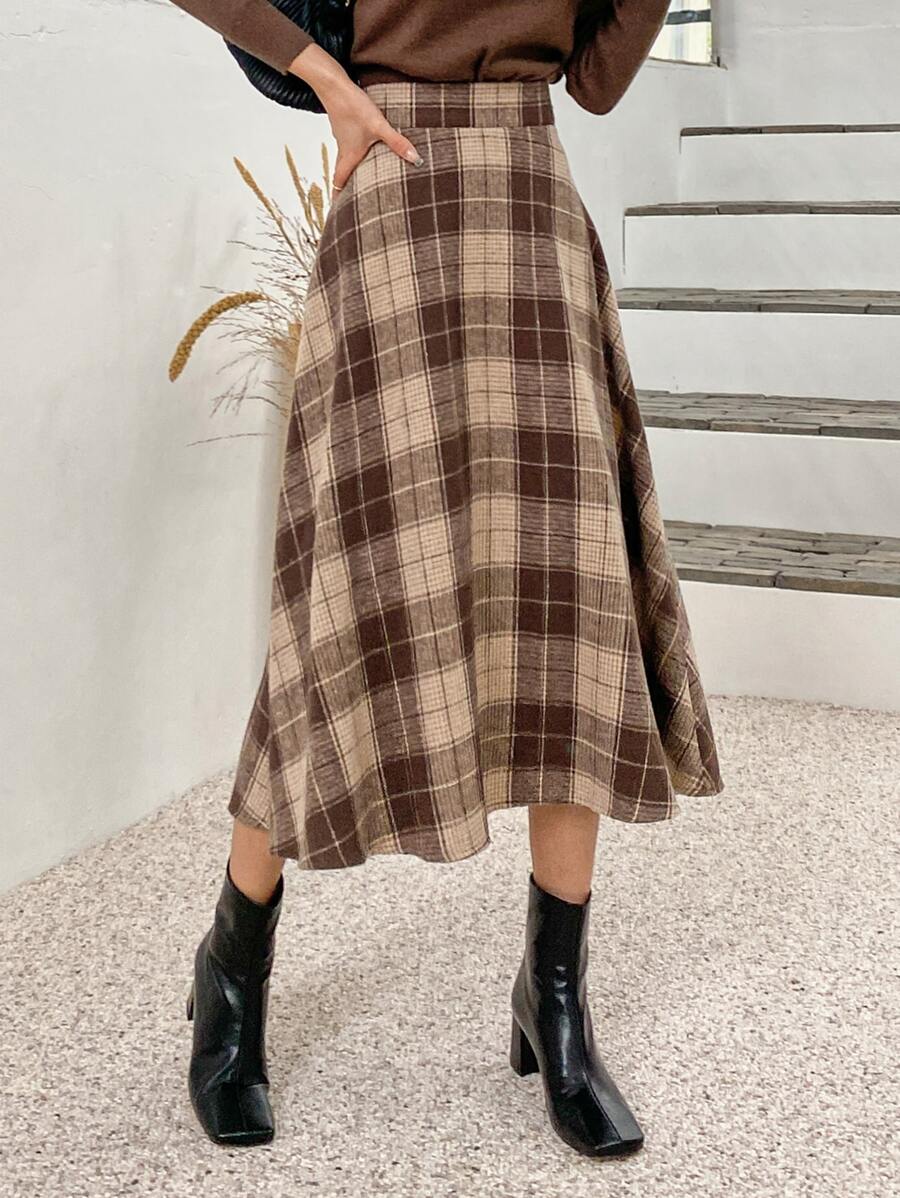 Stirling High Waist Plaid A Line Midi Skirt