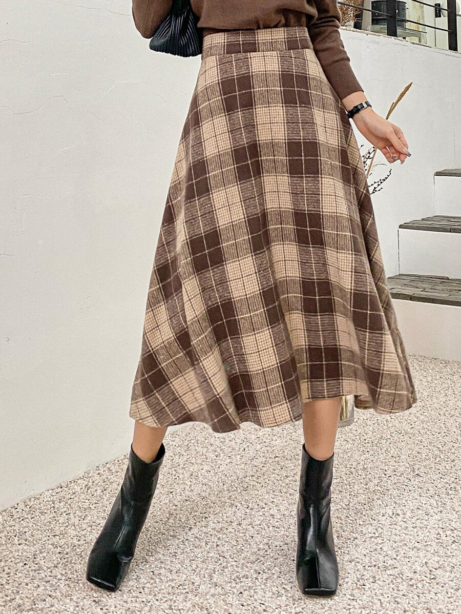 Stirling High Waist Plaid A Line Midi Skirt