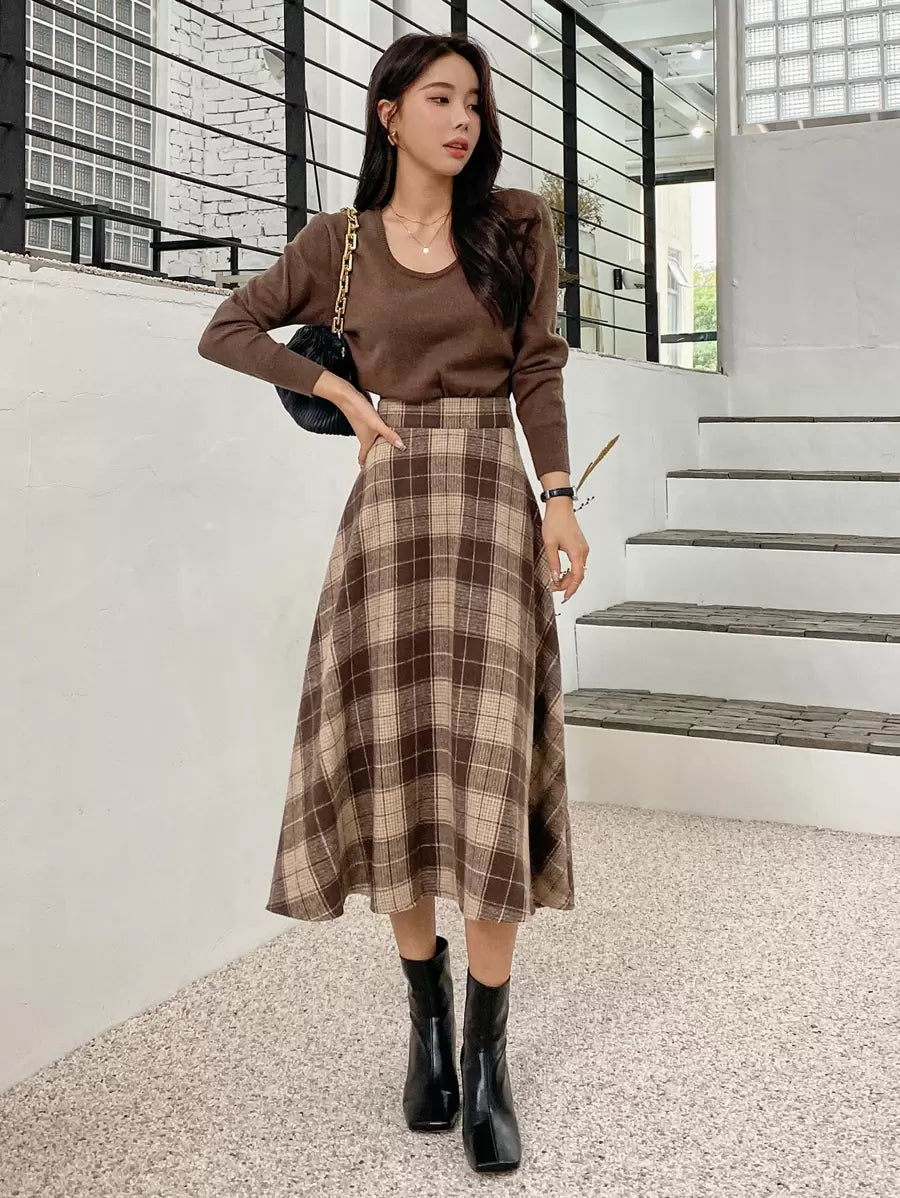 Stirling High Waist Plaid A Line Midi Skirt
