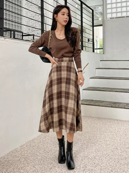 Stirling High Waist Plaid A Line Midi Skirt