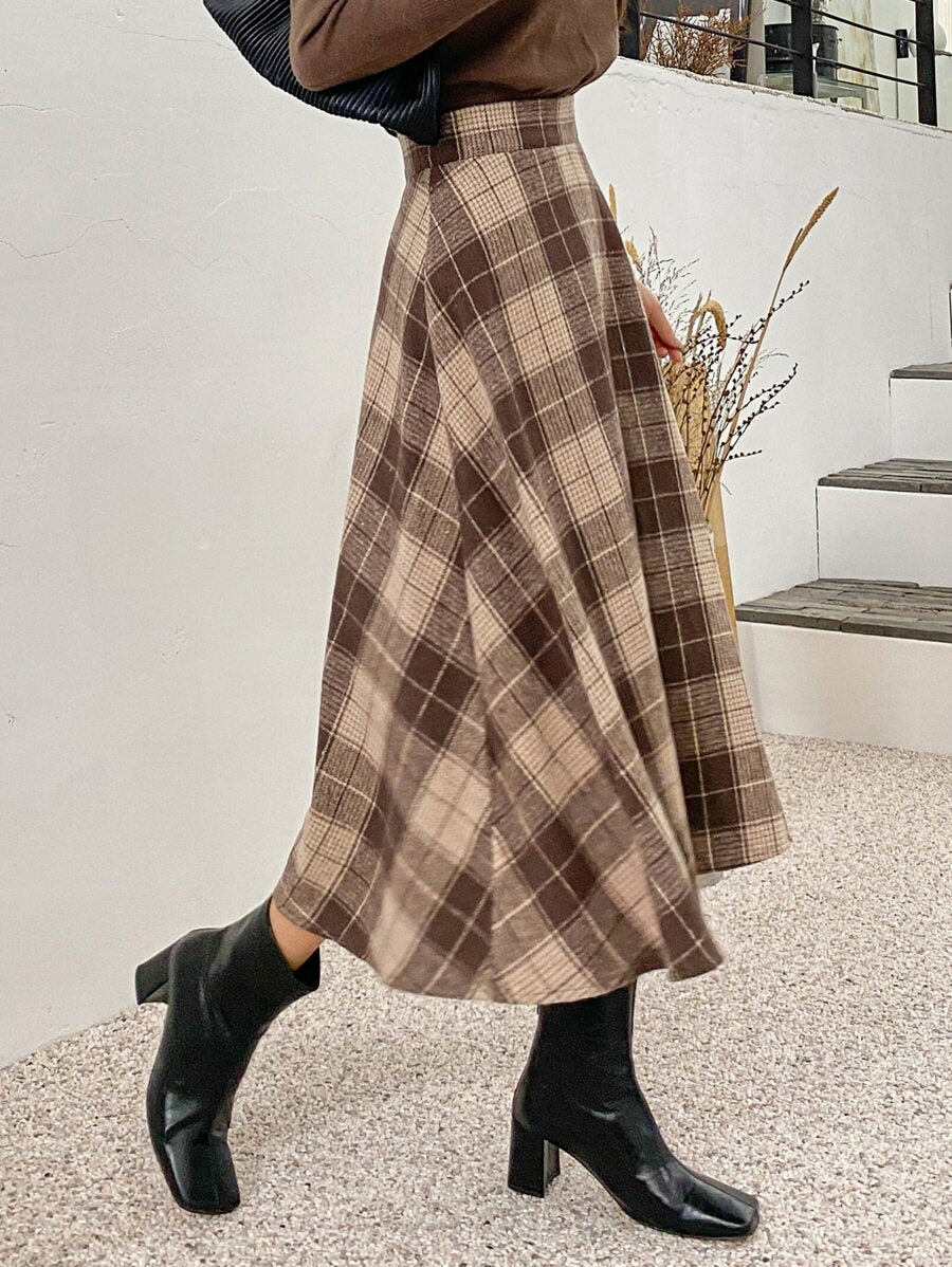 Stirling High Waist Plaid A Line Midi Skirt