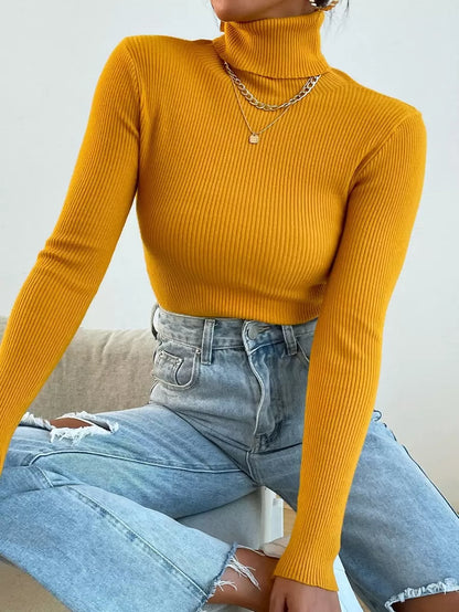 Nicolette Slim Fit Ribbed Knit Turtleneck Long Sleeve Sweater - Green