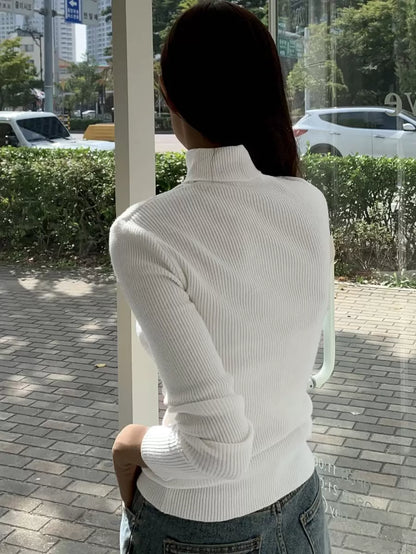 Tamsin Fitted Ribbed Turtleneck Sweater Long Sleeve Pullover - White