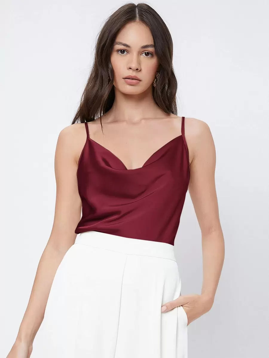 Rosemary Draped Cowl Neck Satin Cami Top with Spaghetti Straps - Burgundy