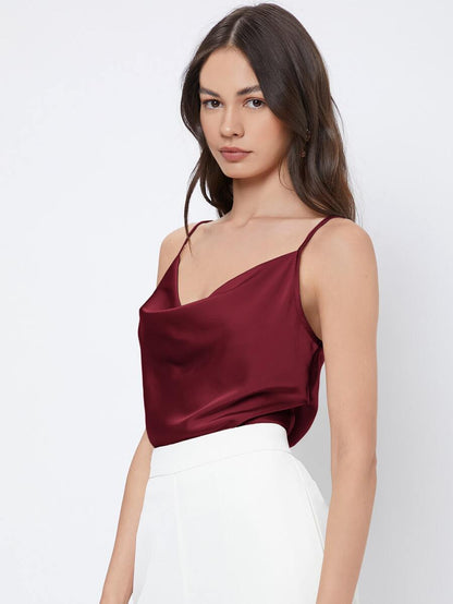 Rosemary Draped Cowl Neck Satin Cami Top with Spaghetti Straps - Burgundy