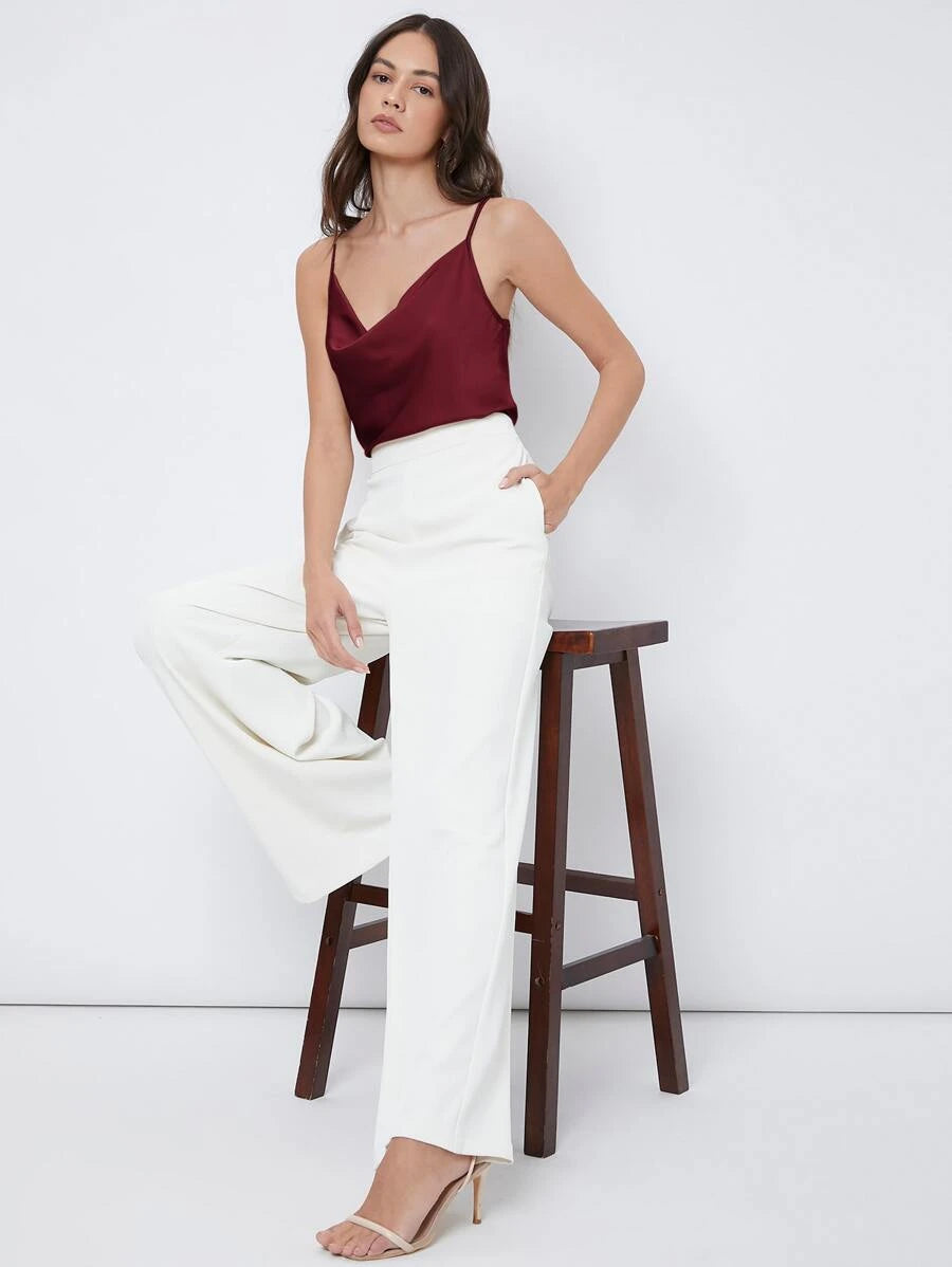 Rosemary Draped Cowl Neck Satin Cami Top with Spaghetti Straps - Burgundy