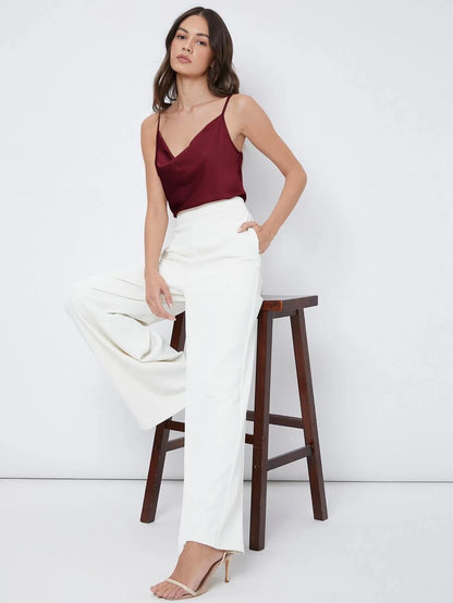 Rosemary Draped Cowl Neck Satin Cami Top with Spaghetti Straps - Burgundy