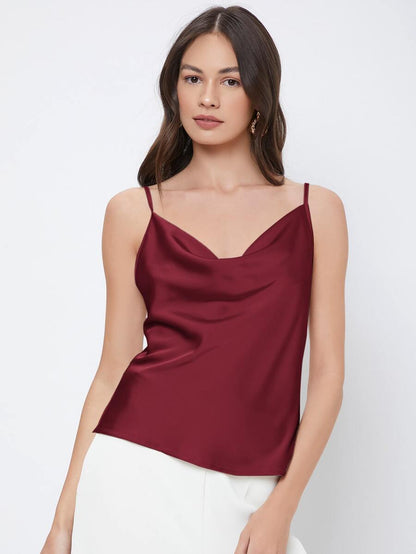 Rosemary Draped Cowl Neck Satin Cami Top with Spaghetti Straps - Burgundy