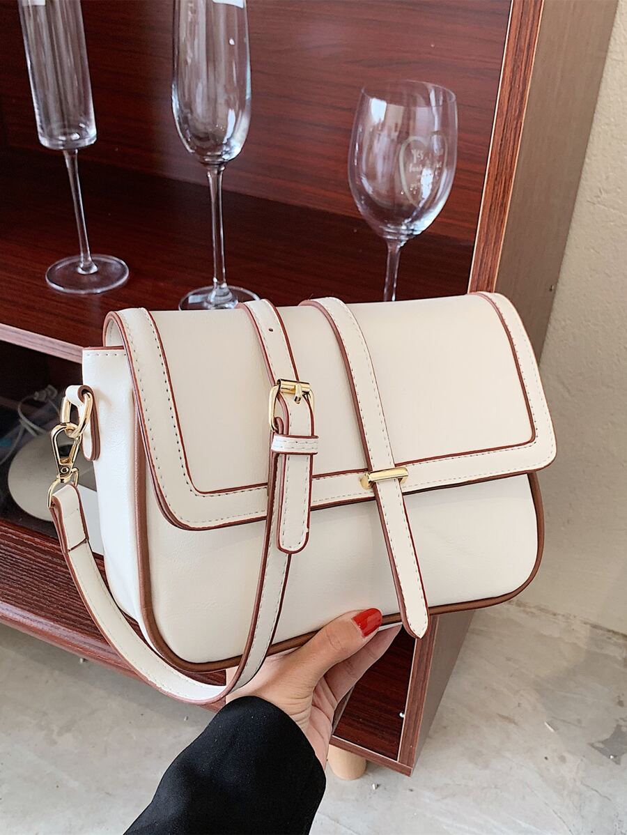 Kilkenny Vintage Flap Crossbody Bag with Buckle Strap - White