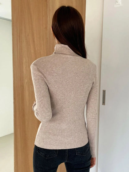 Tamsin Fitted Ribbed Turtleneck Sweater Long Sleeve Pullover - Oatmeal
