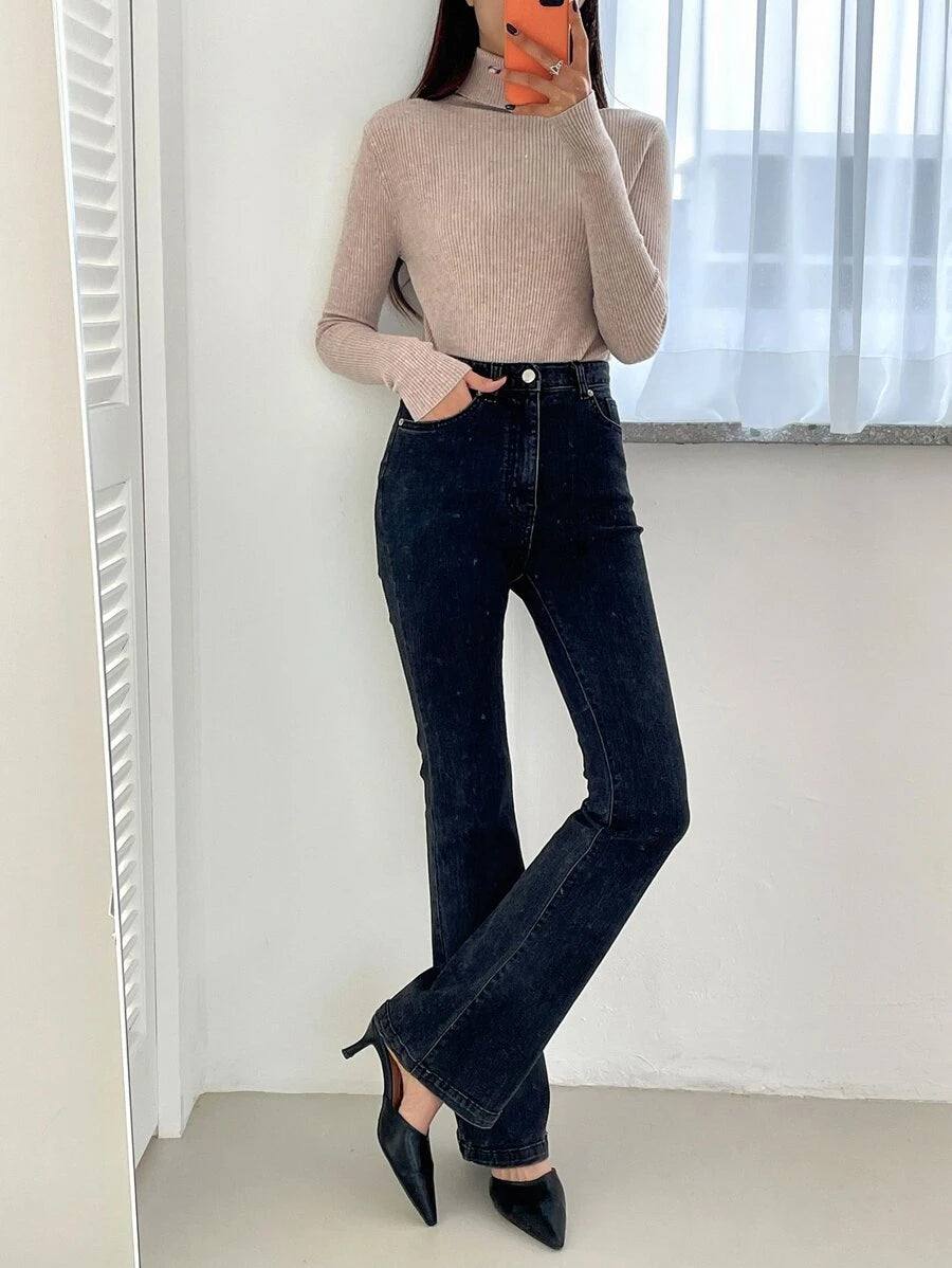 Tamsin Fitted Ribbed Turtleneck Sweater Long Sleeve Pullover - Oatmeal