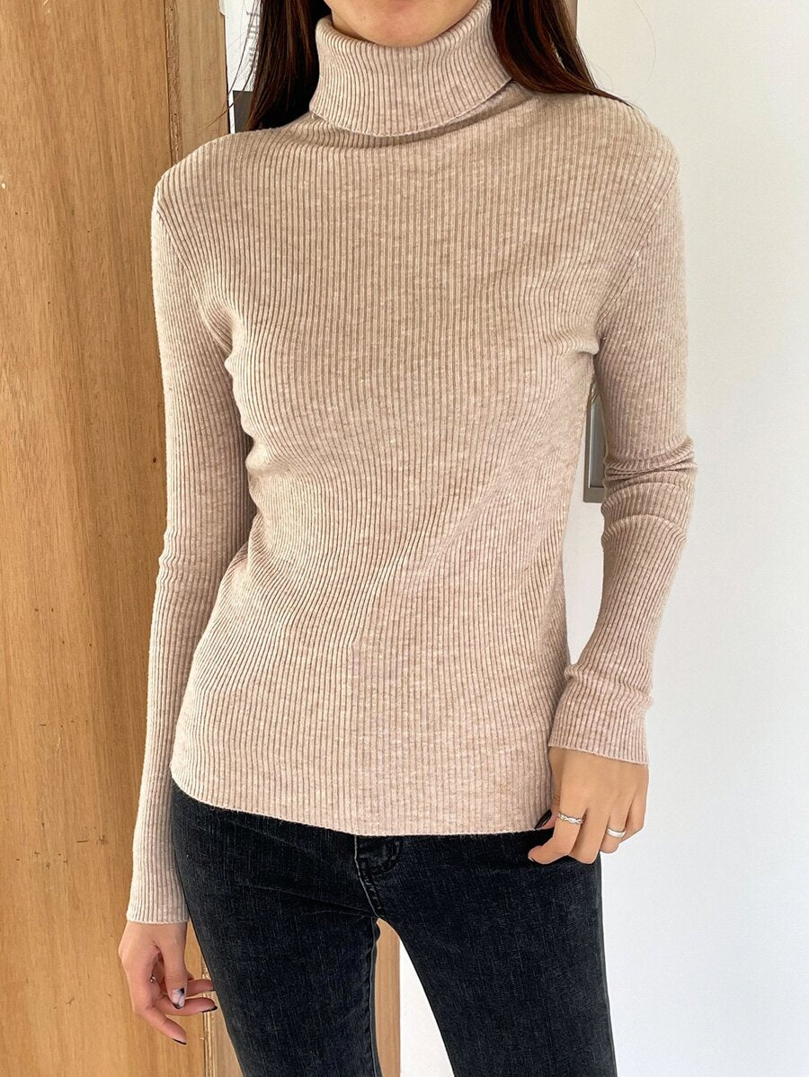 Tamsin Fitted Ribbed Turtleneck Sweater Long Sleeve Pullover - Oatmeal