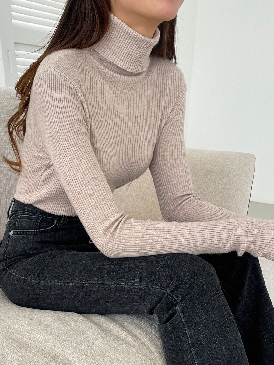 Tamsin Fitted Ribbed Turtleneck Sweater Long Sleeve Pullover - Oatmeal