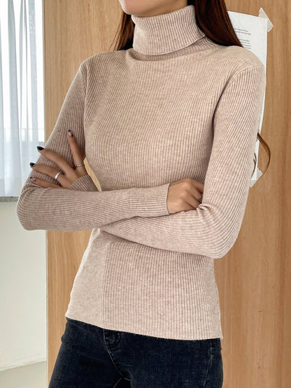 Tamsin Fitted Ribbed Turtleneck Sweater Long Sleeve Pullover - Oatmeal