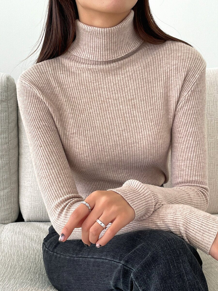 Tamsin Fitted Ribbed Turtleneck Sweater Long Sleeve Pullover - Oatmeal