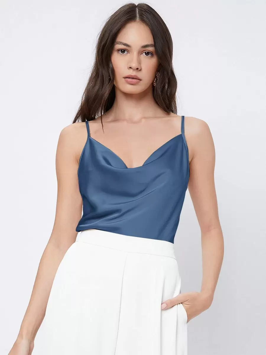 Rosemary Draped Cowl Neck Satin Cami Top with Spaghetti Straps - Dusty Blue