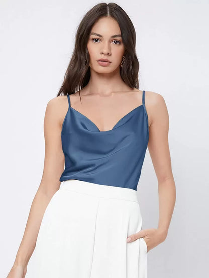 Rosemary Draped Cowl Neck Satin Cami Top with Spaghetti Straps - Dusty Blue