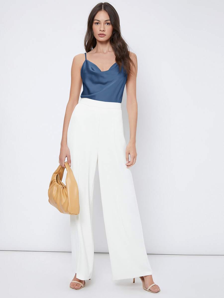 Rosemary Draped Cowl Neck Satin Cami Top with Spaghetti Straps - Dusty Blue