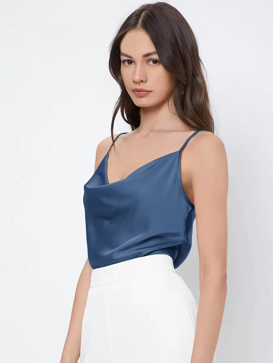 Rosemary Draped Cowl Neck Satin Cami Top with Spaghetti Straps - Dusty Blue