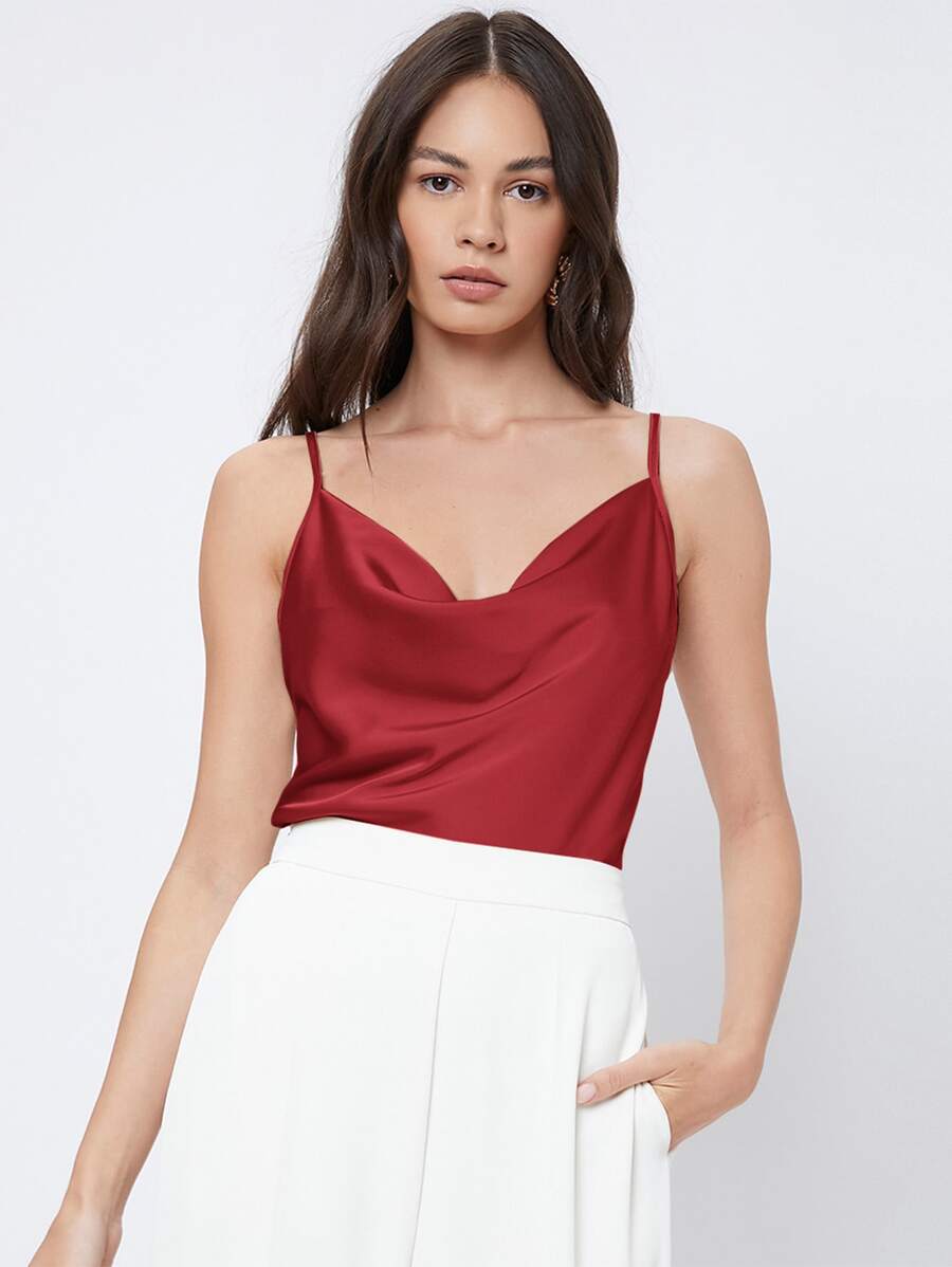 Rosemary Draped Cowl Neck Satin Cami Top with Spaghetti Straps - Red