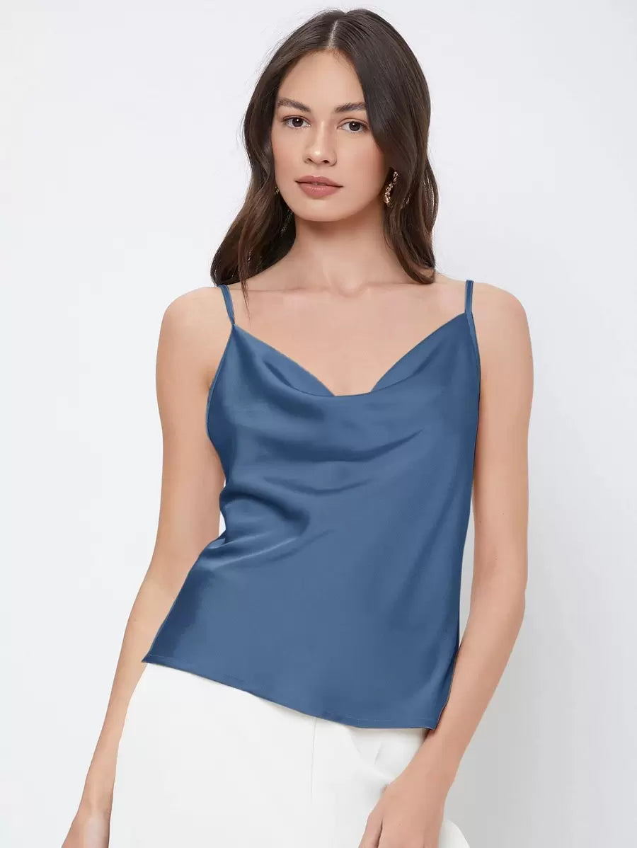 Rosemary Draped Cowl Neck Satin Cami Top with Spaghetti Straps - Dusty Blue