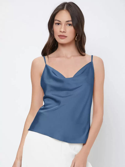 Rosemary Draped Cowl Neck Satin Cami Top with Spaghetti Straps - Dusty Blue