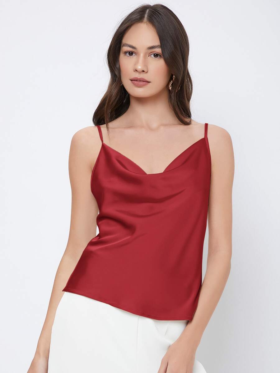 Rosemary Draped Cowl Neck Satin Cami Top with Spaghetti Straps - Red