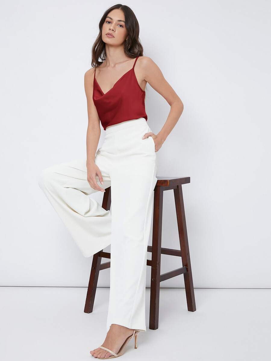 Rosemary Draped Cowl Neck Satin Cami Top with Spaghetti Straps - Red