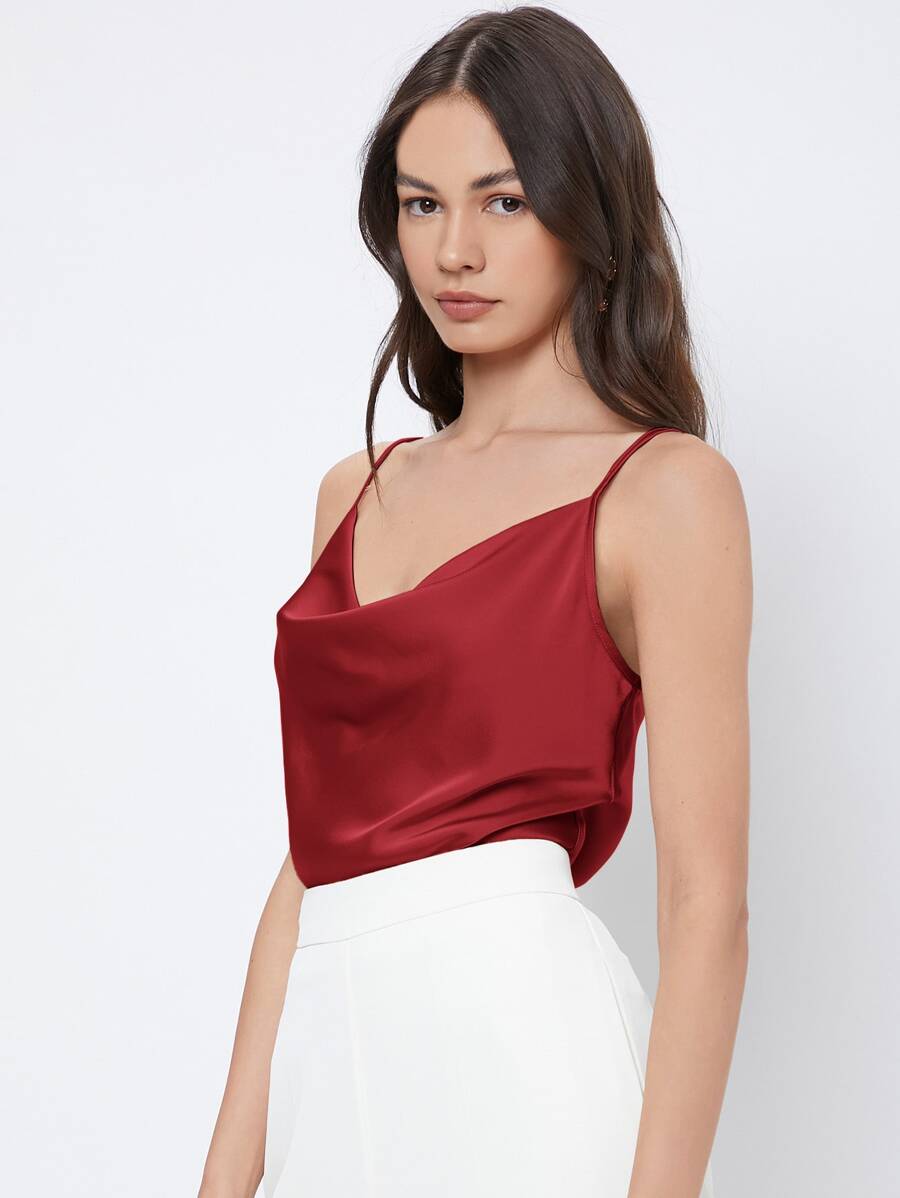 Rosemary Draped Cowl Neck Satin Cami Top with Spaghetti Straps - Red