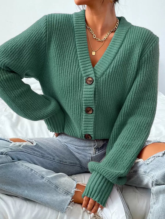 Cork V Neck Chunky Knit Button Front Cardigan - Dark Green
