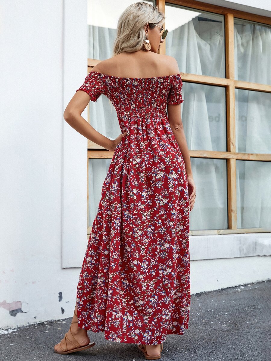 Breezaya Short Sleeve Off-Shoulder Ditsy Floral Slit Summer Dress Maxi Vacation Beach Outfits Women Mensa