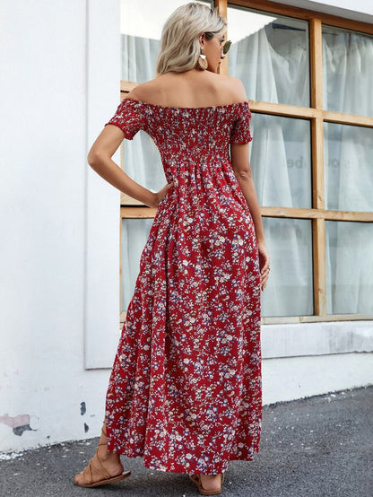Breezaya Short Sleeve Off-Shoulder Ditsy Floral Slit Summer Dress Maxi Vacation Beach Outfits Women Mensa