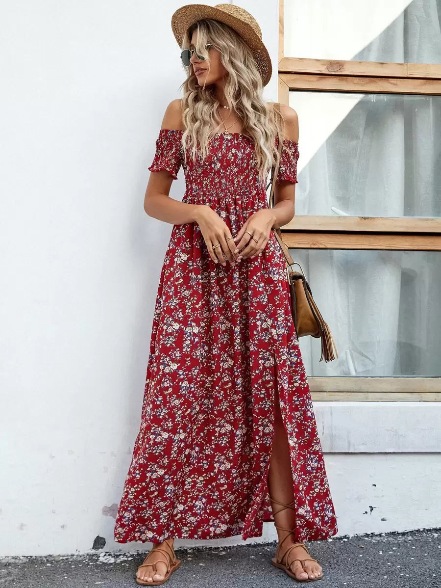 Breezaya Short Sleeve Off-Shoulder Ditsy Floral Slit Summer Dress Maxi Vacation Beach Outfits Women Mensa