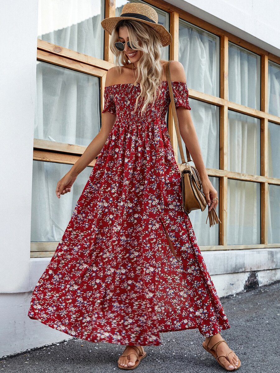 Breezaya Short Sleeve Off-Shoulder Ditsy Floral Slit Summer Dress Maxi Vacation Beach Outfits Women Mensa