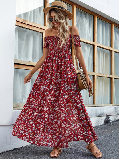 Breezaya Short Sleeve Off-Shoulder Ditsy Floral Slit Summer Dress Maxi Vacation Beach Outfits Women Mensa