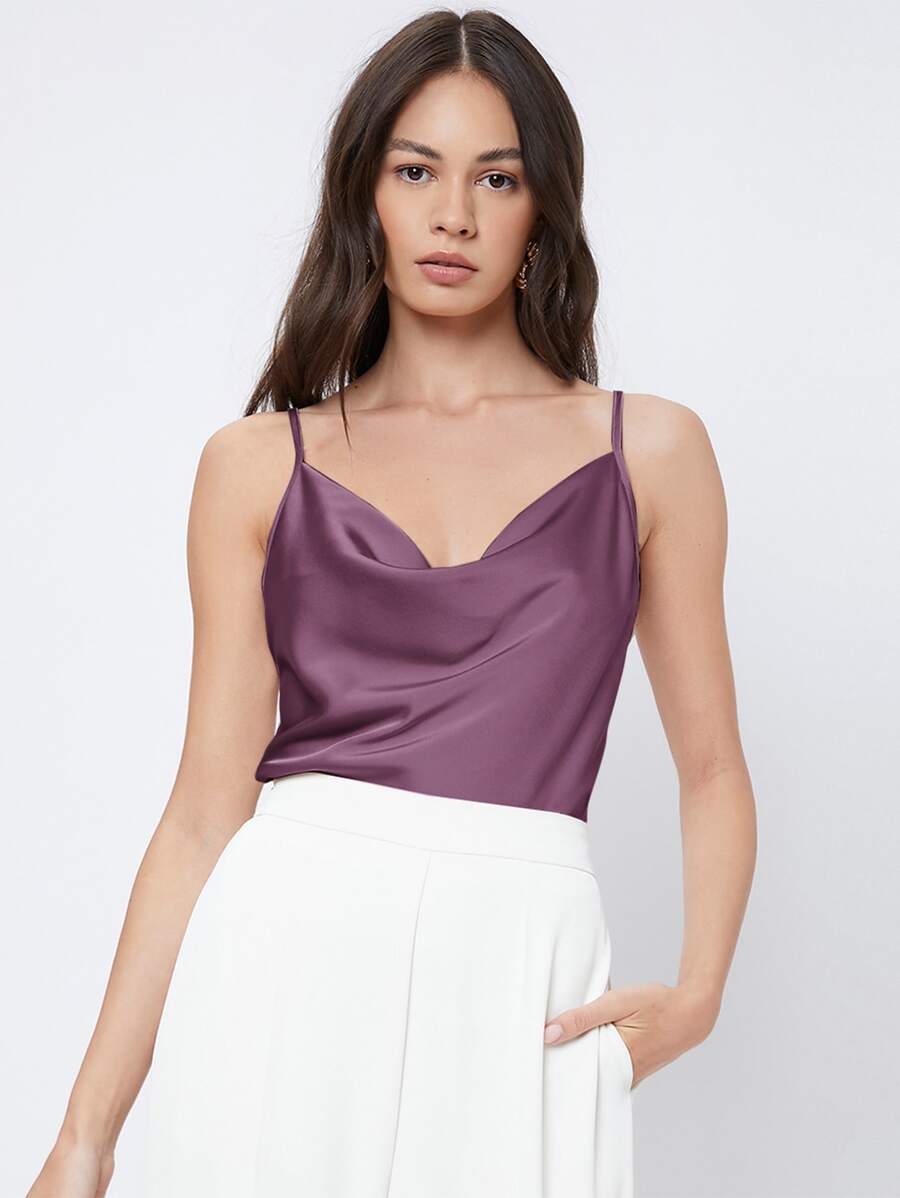 Rosemary Draped Cowl Neck Satin Cami Top with Spaghetti Straps - Mauve Purple