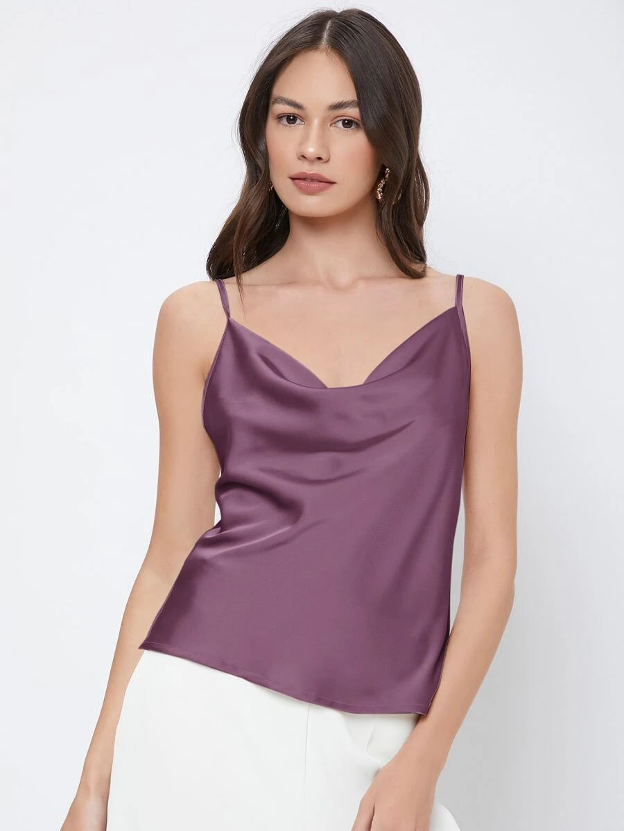 Rosemary Draped Cowl Neck Satin Cami Top with Spaghetti Straps - Mauve Purple